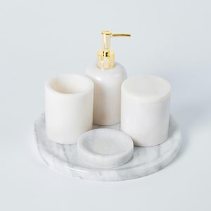 Bathroom Accessories Set With Tray, Marble Bathroom Set, Natural Stone Soap Dispenser Set, Elegant 5-Pieces Bathroom Organizing Set