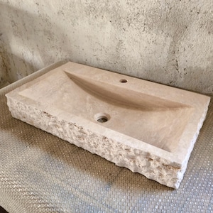 Travertine Marble Sink, Rough Chiseled Vessel Sink, Powder Room Travertine Sink, Bathroom Countertop Unique Stone Sink, Natural Stone Basin