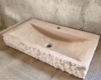 Travertine Marble Sink, Rough Chiseled Vessel Sink, Powder Room Travertine Sink, Bathroom Countertop Unique Stone Sink, Natural Stone Basin