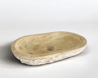 Natural Stone Vessel Sink for Bathroom, Travertine Countertop Sink, Oval Marble Stone Sink, Bathroom Vanity Vessel Sink, Travertine Basin