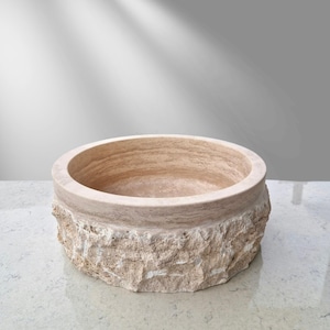 Chiseled Travertine Vanity Sink, Rustic Bathroom Vessel Sink, Modern Vanity Basin, Natural Stone Powder Room Sink, Marble Countertop Basin