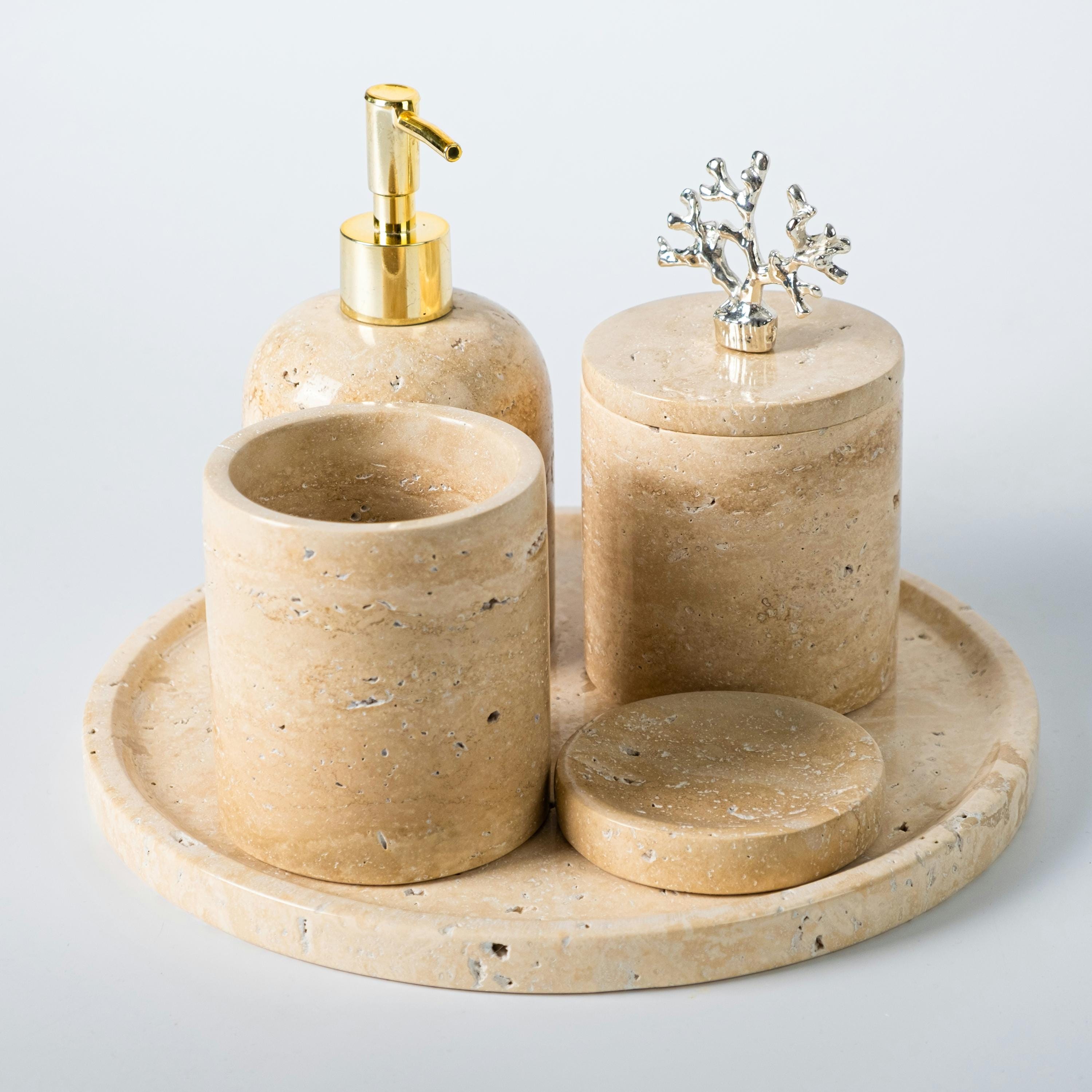 Travertine Bathroom Set, Vanity Organizing Set, Marble Soap Dispencer ...
