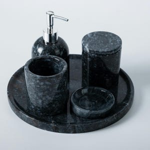 Marble Bathroom Set, Natural Marble 5-Pieces Vanity Accessories, Bathroom Organization Marble Set, Black Marble Vanity Decor, Marble Tray