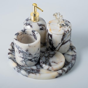 Bathroom Organizing Set, Calacatta Marble Vanity Decor Set, 5-Pieces Natural Stone Bathroom Set, Elegant Bathroom Decor Set, Soap Dispencer