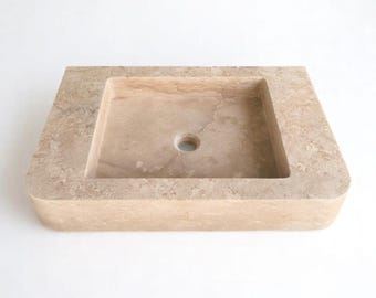 Wall Mounted Travertine Sink, Natural Stone Bathroom Sink, Beige Travertine Stone Wall Mounted Basin, Farmhouse Vanity Stone Washbasin