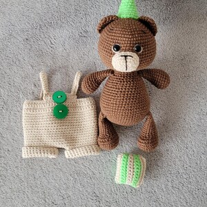Handmade Crochet Teddy Bear Toy in Brown Jumpsuit and Pom-Pom Hat