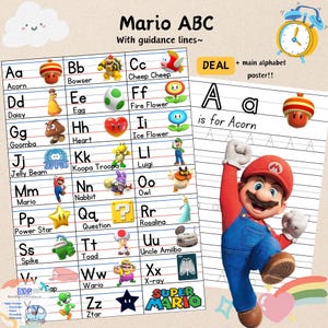 May include: A colorful alphabet chart featuring characters from the Super Mario video game franchise. Each letter is paired with a character and a corresponding word. The chart includes characters like Mario, Luigi, Bowser, and Peach. The chart also includes the text "Mario ABC" and "DEAL + main alphabet poster!!".