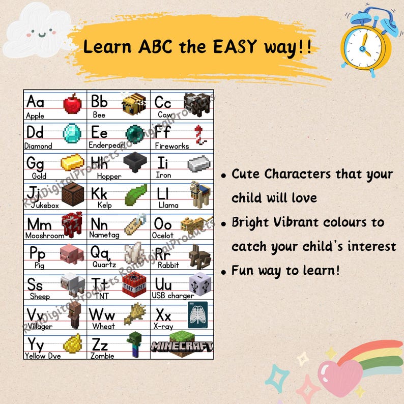 Minecraft ABC Chart Printable | Printable Kindergarten Wall Art ...
