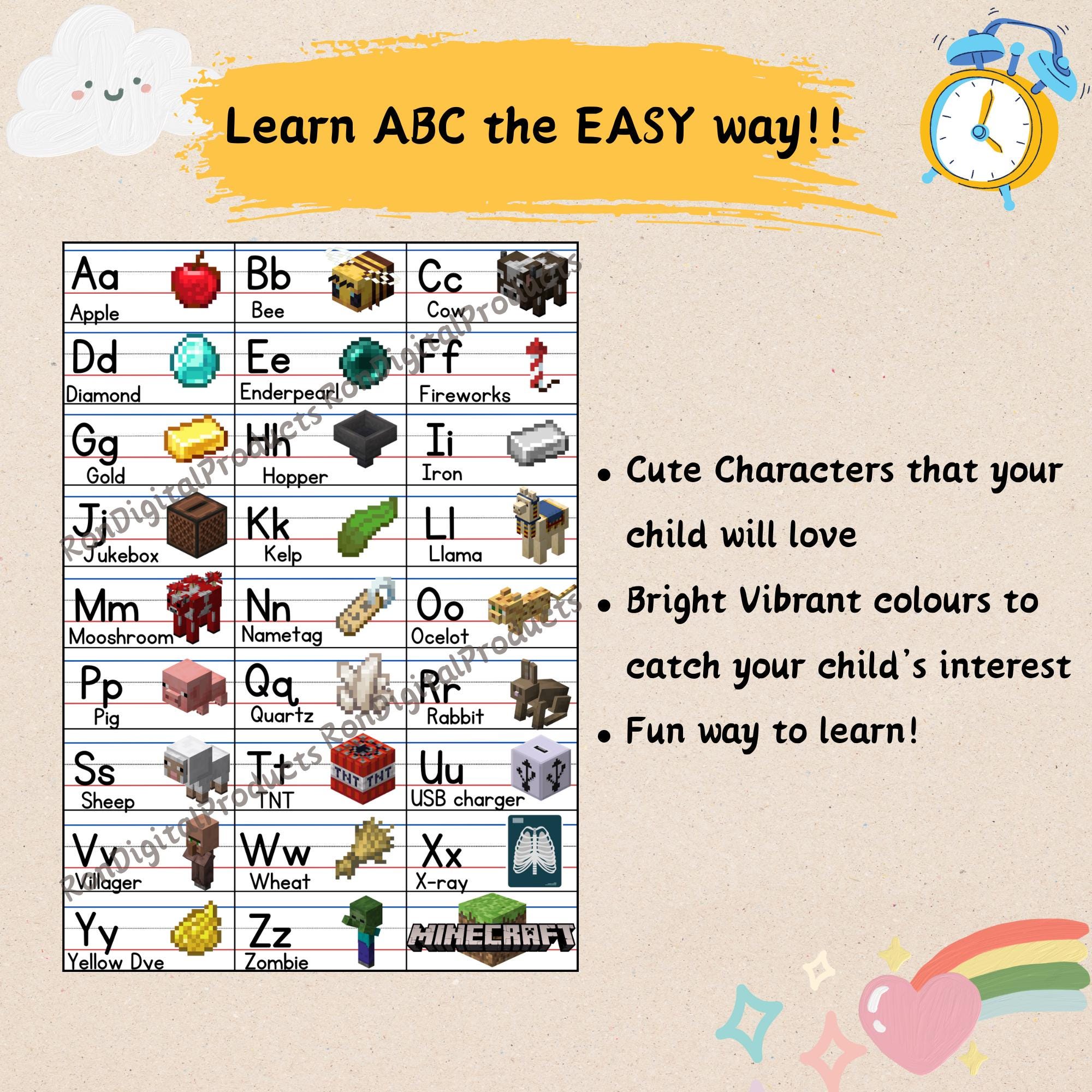 Minecraft ABC Chart Printable | Printable Kindergarten Wall Art ...