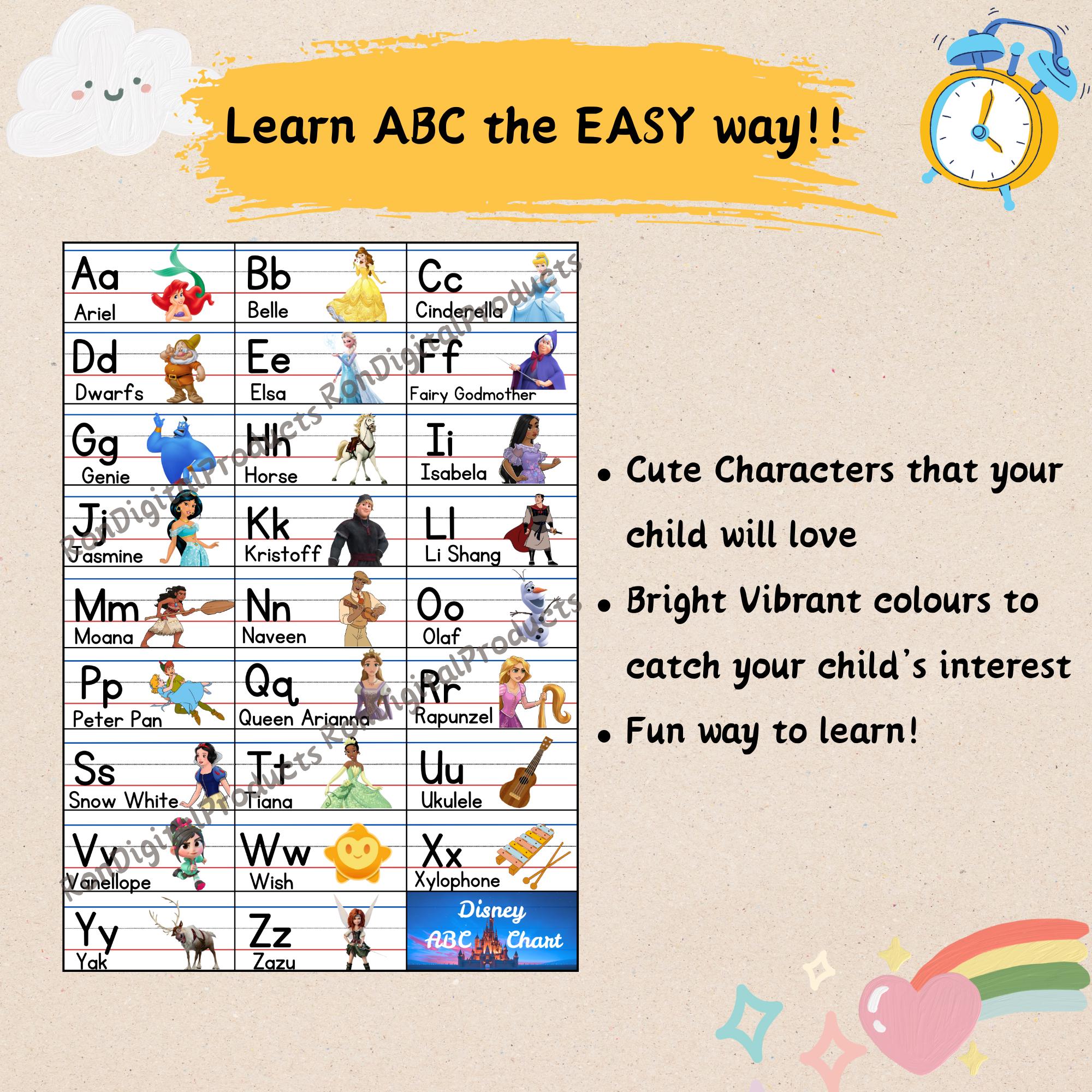 Disney Princess ABC Chart Printable | Printable Kindergarten Wall Art ...