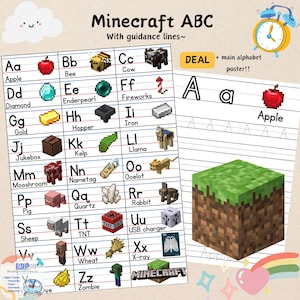Cuadro imprimible del alfabeto de Minecraft / Arte de pared imprimible para jardín de infantes / Aprendizaje para niños / Aprendizaje del alfabeto / Impresión digital / Hogar /
