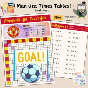 Może przedstawiać: Arkusz ćwiczeń z tabliczki mnożenia "Man Utd Times Tables!" z logo Manchester United. Zawiera zadania mnożenia i grafikę piłki nożnej ze słowem "GOAL!"