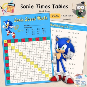 May include: Educational worksheet featuring Sonic the Hedgehog. The blue and white worksheet includes multiplication tables and the text "Sonic Speed Math." A cartoon owl and calculator are also visible.