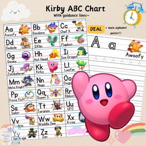 May include: A colorful Kirby ABC chart with the alphabet and corresponding Kirby characters. The chart includes the text "Kirby ABC Chart" and "With guidance lines~". A pink Kirby character is featured prominently in the image.