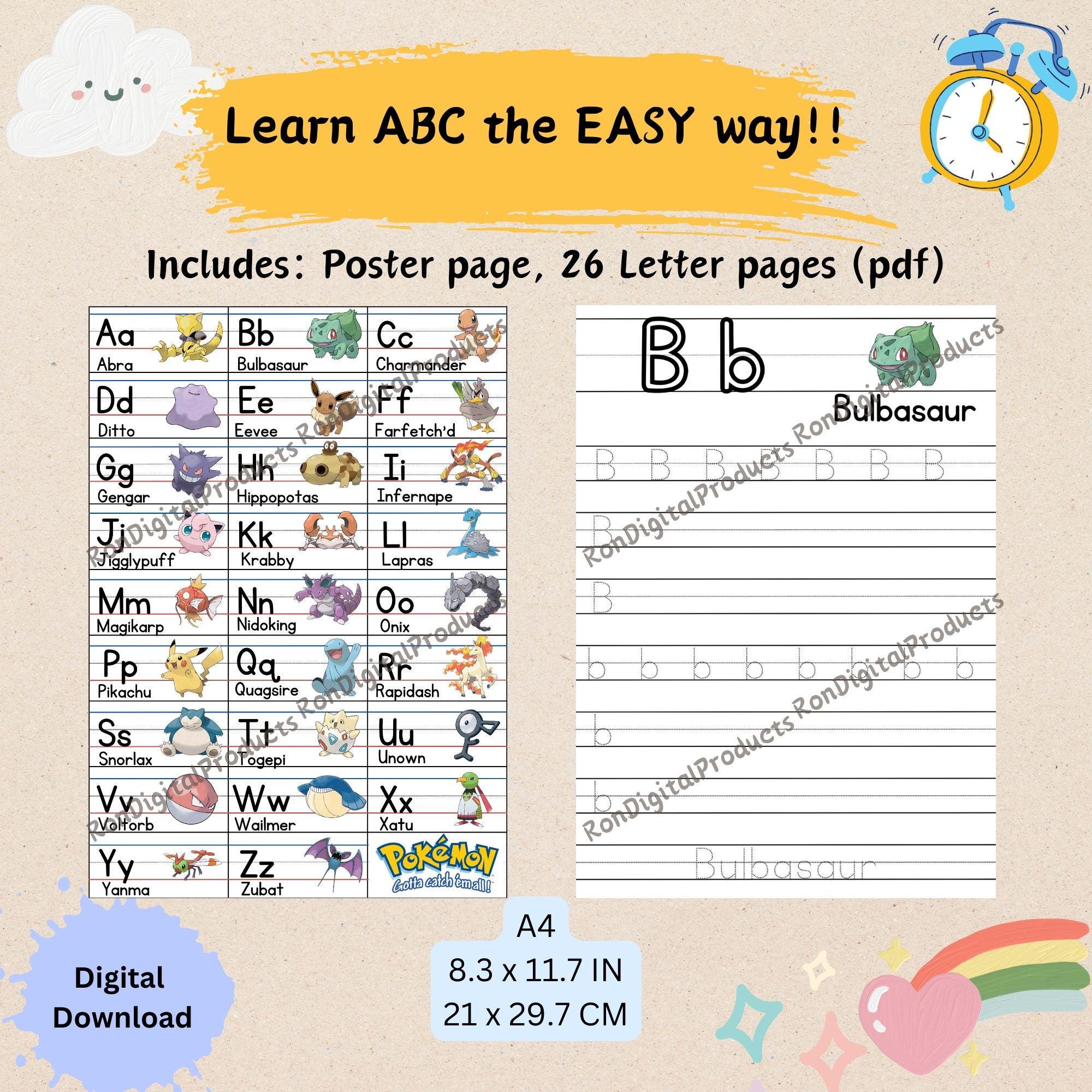 Pokemon ABC Chart Printable | Printable Kindergarten Wall Art Alphabet ...
