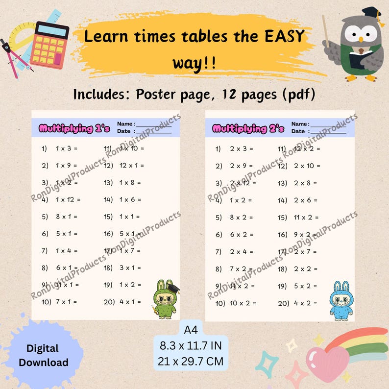 Labubu Times Tables 1 to 12 Printable | Printable Kids Wall Art ...