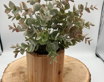 Faux Eucalyptus Plant in Wood Pot, Artificial Greenery Home Decor Cedar round dry vase Boho chic round cedar flower holder farmhouse table
