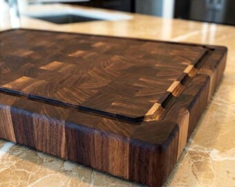 Walnut Cutting Board End Grain Butcher Block Kitchen Accessory Chef Gift Handcrafted Black Walnut Juice Groove Design Feature Premium 24x17