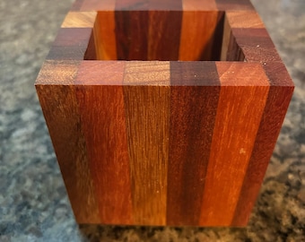 Wooden Pencil Holder Desk Organizer Office Storage Cube Design Handcrafted Item Walnut Wood Geometric Pattern Checkerboard Style Minimalist