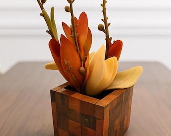 Handmade End Grain Wood Vase: Autumn Floral Arrangement, Rustic Modern Decor