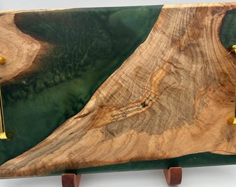 Maple Epoxy River Charcuterie Board with Gold Handles Emerald Green Resin Serving Tray Handmaid serving tray House warming gift Mothers Day