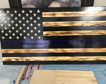 Rustic Wooden American Flag Thin Blue Line Law Enforcement Support Wall Art