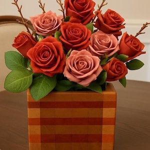 Planter Handmade Maple & Koa Wood Vase with Artificial Roses - Rustic Centerpiece