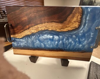 Walnut Resin River Serving Tray with Handles – Blue Ocean Wave Charcuterie Board