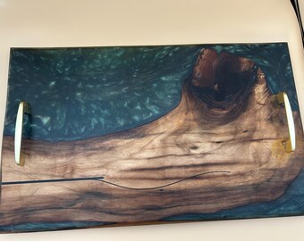 Walnut Epoxy Serving Tray: Emerald Ocean Art, Handcrafted Wood Kitchen Accessory