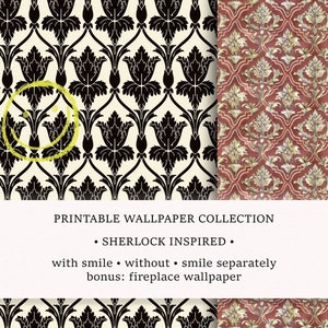 Carta da parati per casa delle bambole STAMPABILE Sherlock ispirato Damask - Sorriso e camino - PDF A4 / Diorama in miniatura Scrapbooking / Stampa digitale