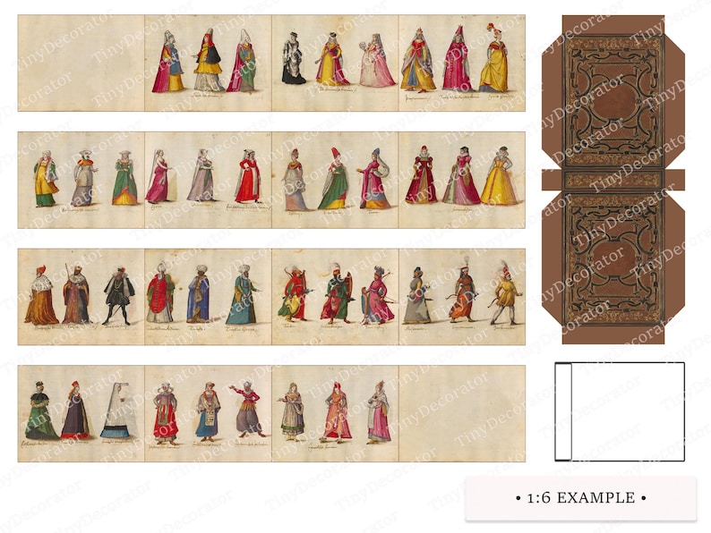 Vintage Costumes Book | PRINTABLE 1:6 and 1/12 scale | Miniature Book for Dollhouse Library or Bookstore Diorama | Antique Illustrations - example