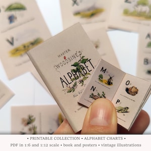 Vintage alfabetkaarten | AFDRUKBARE pdf-bestand schaal 1:6 en 1/12 | Miniatuur alfabetboek en posters voor poppenhuis of diorama | Kortstondig: