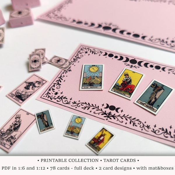 Cartas del Tarot / PDF IMPRIMIBLE a escala 1:6 y 1/12 / Baraja completa en miniatura con diseño wiccan rosa / Diorama de casa de muñecas de bruja o adivina