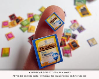 Tea Bags Set • PRINTABLE 1:6 and 1/12 Scale • Mini Tea in Envelopes for Dollhouse Kitchen • Miniature Food and Grocery • Tea Party Diorama