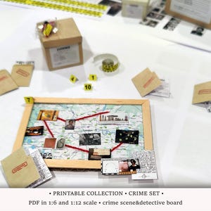May include: A printable crime scene and detective board game set with a map, photos, and evidence envelopes. The game is designed for use with a 1:6 or 1:12 scale model.