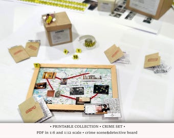 Puede incluir: Un juego de mesa de escena del crimen y detective imprimible con un mapa, fotos y sobres de evidencia. El juego está diseñado para usarse con un modelo a escala 1:6 o 1:12.