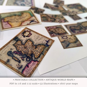 Mapas del mundo antiguos / IMPRIMIBLES a escala 1:6 y 1/12 / Atlas medieval en miniatura del siglo XVII / Ilustración de dioramas para casas de muñecas / Arte cartográfico