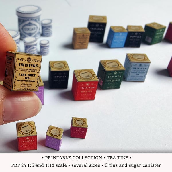 Latas de té / PDF IMPRIMIBLE a escala 1:6 y 1/12 / Mini bote de té y azúcar para cocina de casa de muñecas / Almacenamiento de alimentos en miniatura / Diorama de fiesta de té
