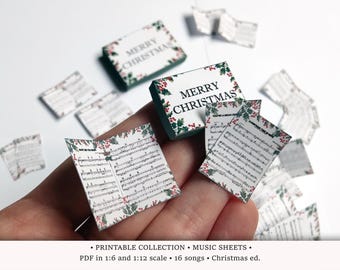 Christmas Music Sheets: PRINTABLE 1/6 and 1/12 scale PDF • Miniature Piano Sheets for Dollhouse or Holidays Diorama