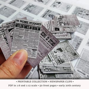 Wycinki z gazet | DO DRUKU w skali 1:6 i 1/12 PDF | Okładki książek z wycinkami z zabytkowych domków dla lalek lub miniatur | Ephemera Junk Journal