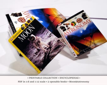 2 mini encyklopedie | PDF do druku w skali 1:6 i 1:12 | Otwierane książki do nowoczesnej biblioteki domków dla lalek | Diorama astronomii i nauki o księżycu
