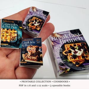 3 Mini-Kochbücher | DRUCKBAR 1:6 und 1/12 Maßstab | Aufklappbare Bücher für moderne Puppenhaus-Küche | Frühstück, Kekse & Auflauf Rezeptbücher