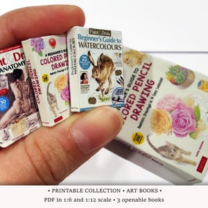 3 Mini Art Books | PRINTABLE 1:6 and 1/12 Scale PDF | Openable Miniatures for Modern Dollhouse Library | Pencil Drawing & Watercolor Sketch