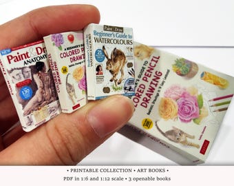 3 Mini Art Books • PRINTABLE 1:6 and 1/12 Scale PDF • Openable Miniatures for Modern Dollhouse Library • Pencil Drawing & Watercolor Sketch