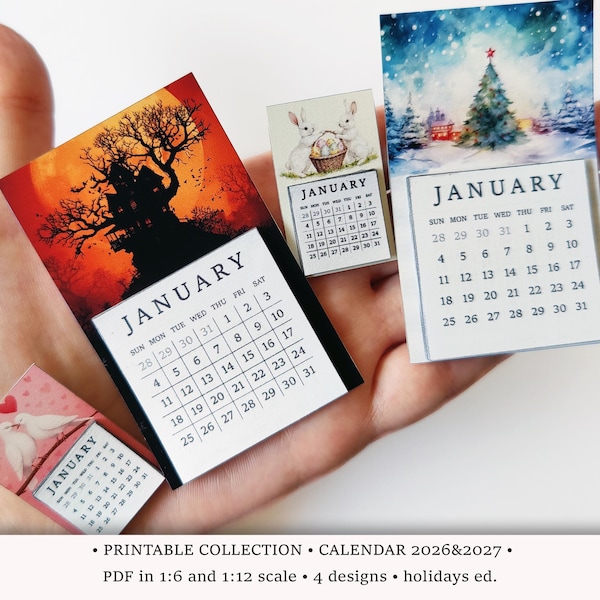 2026&2027 Calendar: PRINTABLE Dollhouse Miniature in 1/6 and 1/12 scale with Holiday Designs • Sunday Start (PDF Download)