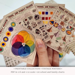 Vintage schoolkaarten | AFDRUKBARE pdf-bestand schaal 1:6 en 1/12 | Miniatuurposters en lesillustraties voor poppenhuisklas of diorama