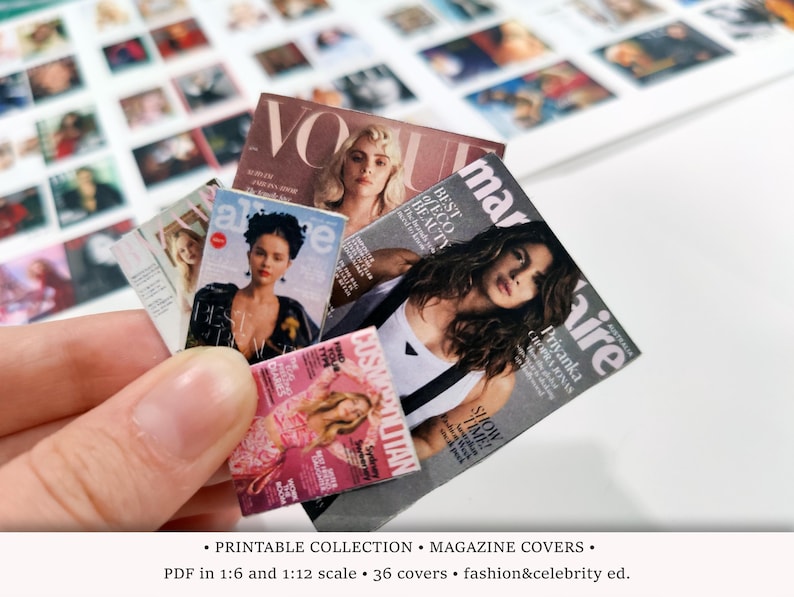May include: A collection of miniature magazine covers featuring fashion and celebrity models. The covers include Vogue, Marie Claire, and Cosmopolitan. The text on the covers reads "Best Eco Beauty", "Show Time", and "Priyanka Chopra Jonas".