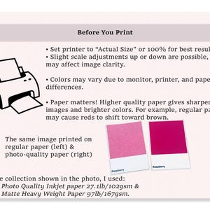 May include: Informational graphic with text about printing. Includes a black and white printer illustration, color swatches, and text advising on printer settings and paper quality for optimal results. The text includes the phrase "Before You Print".