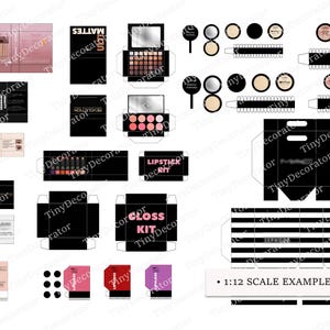 Makeup DIY Set | PRINTABLE 1:6 and 1/12 scale PDF | Miniature Dollhouse | Modern Cosmetics Beauty Kit | Eyeshadows Palette | Diorama Roombox -example