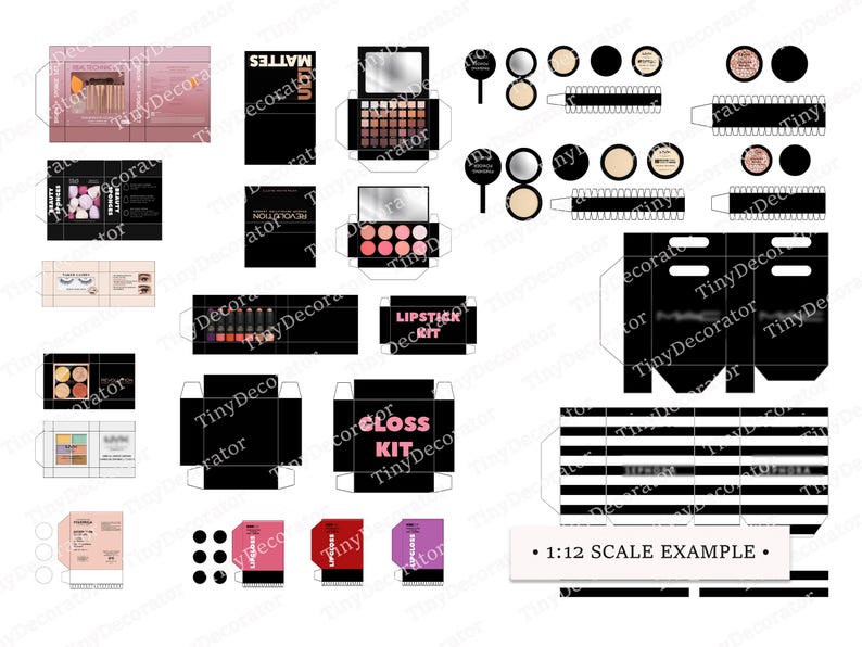 Makeup DIY Set | PRINTABLE 1:6 and 1/12 scale PDF | Miniature Dollhouse | Modern Cosmetics Beauty Kit | Eyeshadows Palette | Diorama Roombox -example